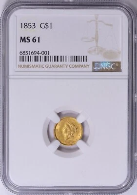 1853 Type 1 gold Dollar, BU specimen as Select UNC NGC MS-61 - Image 1 of 4
