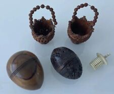 19thC Carved Coquilla Nut Baskets & Pomander & Olive wood Egg & Tape Measure