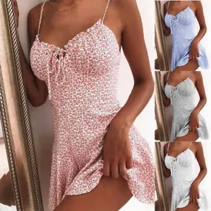 Print V Neck Vest Beach Wear Womens Mini Dress Swing Sundress Pleated Dresses - Picture 1 of 11