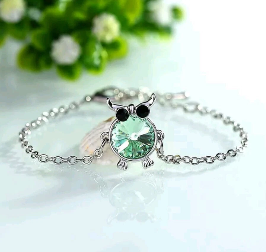 Bracciale con gufo pietra verde, lunghezza min. 16 max 23 con estensione  - Immagine 1 di 1