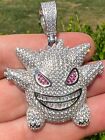 Real Iced CZ Hip Hop 925 Sterling Silver Gengar Pokemon Pendant Necklace Mens