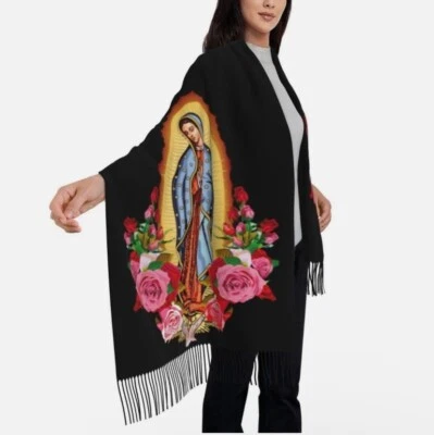 Our Lady Guadalupe Women’s Shawl Wrap Scarf Roses Black Virgen de Guadalupe Chal - Image 1 of 4