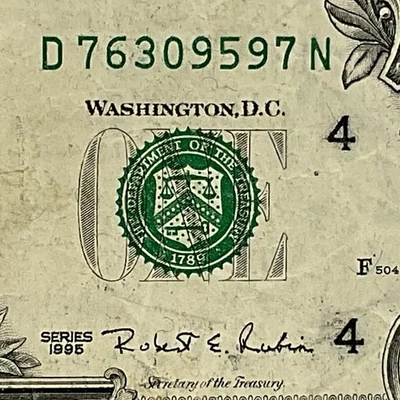 1995 nota antiga nota de um dólar D76309597N impressão DC bloco DN Cleveland - Imagem 1 de 4