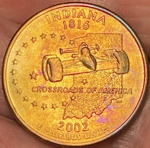 2002-D Indiana State Quarter Beautiful Lustrous Gold/Rainbow Toned Coin AU #15 - Picture 1 of 8