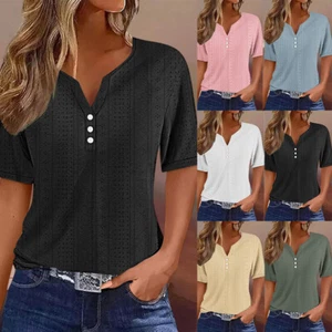 Womens Short Sleeve Buttons Tunic Tops Ladies Summer V-Neck Loose T-Shirt Blouse - Picture 1 of 26