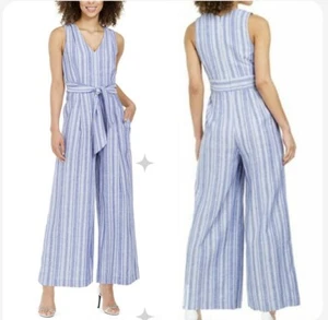 Calvin Klein Jumpsuit Leinenmischung Gr. 4 blau gestreift Gürtel Taschen ärmellos - Bild 1 von 14