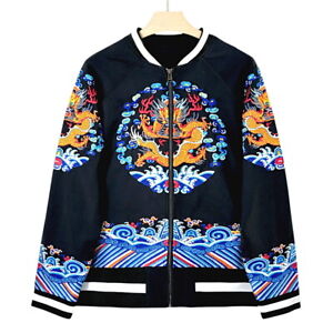 Mens Zipper Varsity Jacket Japanese Pattern Embroidery Totem Wave Chinese Dragon