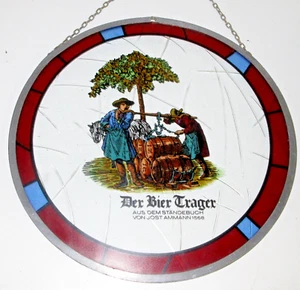 Vintage Glass German Window Catchers Der Bier Trager Beer Kegs Scene Metal Rim - Picture 1 of 6