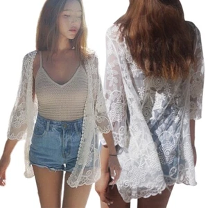 Women Lace Open Front Kimono Cardigan Crochet Floral Sheer Mesh Beach Cover Up - Picture 1 of 10
