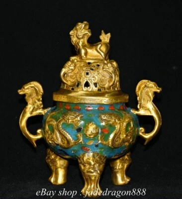 7.6" XuanDe Marked China Pure Copper Filigree Cloisonne Incense Burner lion - Imagem 1 de 4