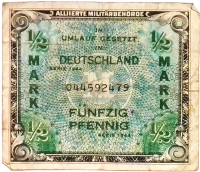 1944 Germany ALLIERTE MILITARBEHORDE 1/2 Mark Banknote  - Image 1 of 2