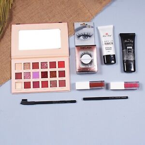Nude Eyeshadow Palette,Eyelashes,Face Primer,Foundation,2 pcs Lipstick,kajal