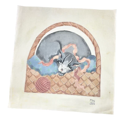 Needlepoint Canvas Hand Painted Gray Cat Sleeping Basket Of Yarn May June - Image 1 of 3
