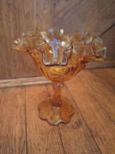 Vintage Fenton Cabbage Rose Amber Ruffled Compote-Pre Logo Floral - Picture 1 of 12