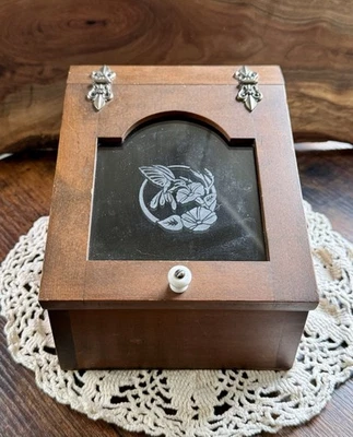 Vintage Apothecary Storage Box Wood Hinged Lid Etched Glass Top Dry Storage Bird - Image 1 of 4