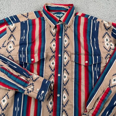 Camisa Wrangler Para Hombres Mediana Tostada Azul Azteca Navajo Perla Occidental Algodón a Presión Foto 1 de 4