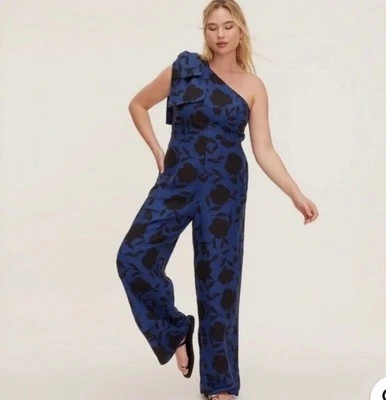 NWT~ Kate Spade SZ 12 Classic Rose Floral Navy /Blk Jumpsuit one shoulder bow - Image 1 of 4