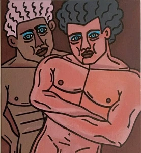 Gay Muscle Beefcake Black Nude Couple Original Oil Painting Oxana Diaz 8" x 10" - Picture 1 of 12