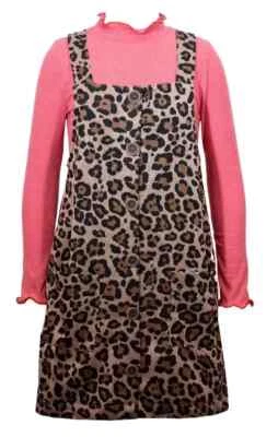 Nuevo con etiquetas Vestido Bonnie Jean Niñas 12 Jersey Rosa Manga Larga Marrón Estampado Leopardo Foto 1 de 2