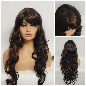 Natural Big Curls Layered Long Wig 30" Dark Brown Red Highlights Daily Fashion - Picture 1 of 13