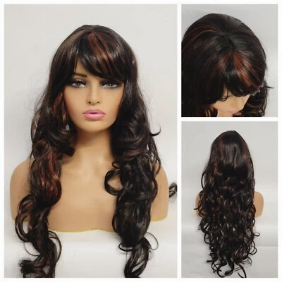 Natural Big Curls Layered Long Wig 30" Dark Brown Red Highlights Daily Fashion - Image 1 of 4