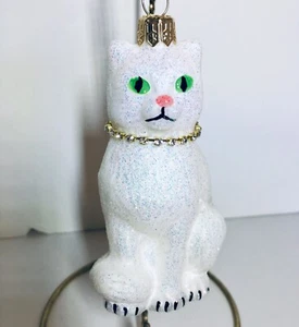 POLNISCHES GLAS WEISSES KÄTZCHEN KATZE GRÜNE AUGEN WEIHNACHTSSCHMUCK STRASS HALSBAND - Bild 1 von 4