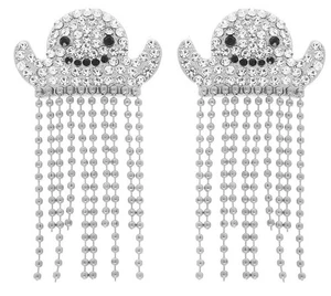 HALLOWEEN GHOST BOO WHITE RHINESTONE DANGLE PIERCED SILVER TONE EARRINGS - Picture 1 of 1