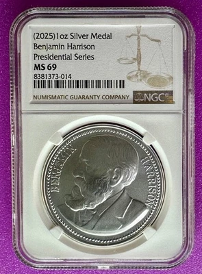 (2025) Benjamin Harrison Presidential Series 1oz Silver Medal NGC MS69 (014) - Image 1 of 2