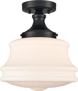 Black Semi Flush Mount Ceiling Light Milk Glass Schoolhouse Ceiling Light - Picture 1 of 7