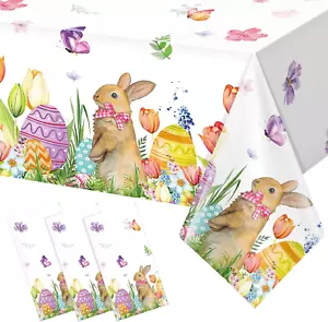 3 Pack Easter Tablecloth Disposable, Easter Bunny Eggs Plastic Tablecloth for Re - Picture 1 of 12