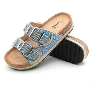 Glaze Women's Beaded Rhinestone Sandal Buckle Cork Footbed Slides Bohemian Style - Picture 1 of 31