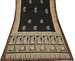 Sushila Vintage Black Sari Blend Silk Printed & Embroidered Elephant Sari Fabric - Picture 1 of 11