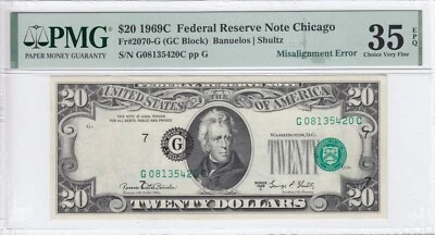 1969C $20 Federal Reserve Note Chicago IL Misalignment Error PMG VF35 EPQ - Image 1 of 2