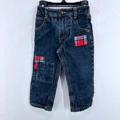 Pantalones de mezclilla retro antiguos OshKosh Bgosh para niños pequeños a cuadros con retazos Foto 1 de 4