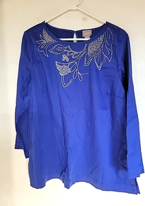 Chico's Bluse royalblau verziert Blumen Perlen Größe 3 (XL) - Bild 1 von 3