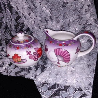 Cardew Designed Red Hat Society Tea Time -Sugar Bowl/w lid & Creamer -  2004 - Image 1 of 4
