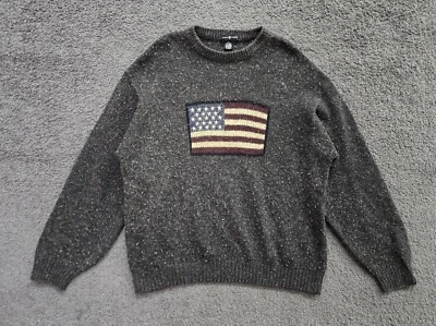 Vintage Sweater XL Gray USA American Flag Logo Knit Fuzzy 1990s Polo Style 90s - Image 1 of 4