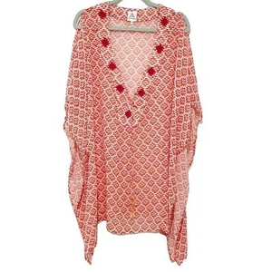 Six Senses Orange Geometric Print Tasseled Silk Kimono OS Resortwear Cover Up - Picture 1 of 10