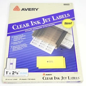 Avery 8660 Clear Inkjet Mailing Address Labels 1x2-5/8 inch 750 Pack Sealed NOS - Picture 1 of 3