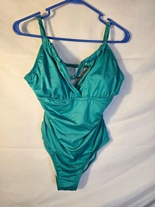 Cleanwater Swimsuit One Piece Green Womens Size Large Vneck Slimming - Picture 1 of 2
