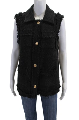 Chaqueta Chaleco Zara Mujer Borde con Flecos Texturizado Botón Frontal Sin Mangas Negra Talla XS Foto 1 de 4