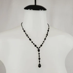 Schwarze Strass Y Tropfen Halskette Gun Metal Ton Lariat facettiert Gothic - Bild 1 von 10