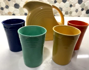 Vtg Fiesta 1940's Juice Special Set Of 4 Tumblers & Yellow Juice Disk Pitcher - Picture 1 of 9