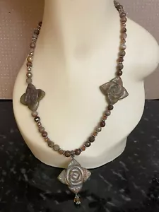 ARTISAN MADE JASPER 4 POINT CARVED ROSES W/FACETED GLASS BEADS LONG NECKLACE - Picture 1 of 7