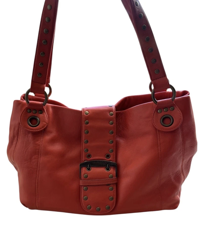 CHI by Falchi Boho Hobo Cartera Bolso de Hombro Tachonado Hebilla Cuero Naranja Y2K De Colección Foto 1 de 4