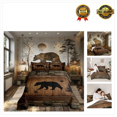 Juego de edredón de oso rústico tamaño completo, juego de cama de caza de animales salvajes 3 piezas, granja... Foto 1 de 4