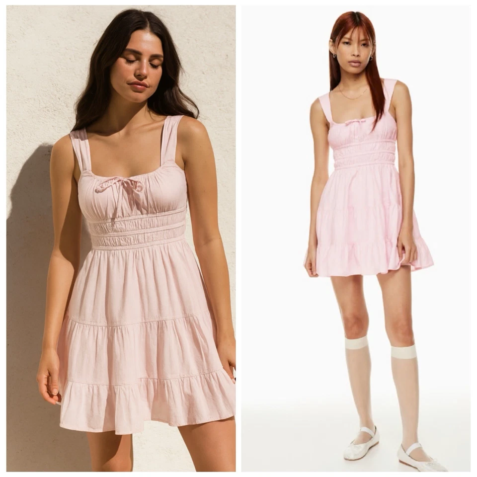Aritzia Sunday Best Martine Pink Poplin Tiered Cotton Mini Dress XL Milkmaid - Image 1 of 4