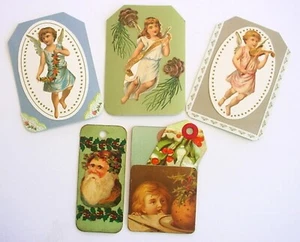 6 VICTORIAN STYLE ANGEL TAGS CHERUBS MUSICIANS PLUM PUDDING HOLLY HANDMADE OOAK - Picture 1 of 6