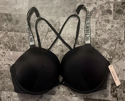 NUEVO CON ETIQUETAS VICTORIA'S SECRET 36DD NEGRO PLATA BRILLO CORREA BOMBA PUSH UP BIKINI TOP Foto 1 de 4