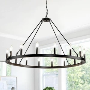 Wagon Wheel Chandelier Farmhouse, 43" Extra Large Chandelier 16-Light Black - Picture 1 of 2